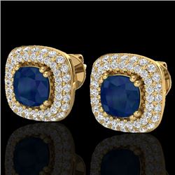 2.16 CTW Sapphire & Micro VS/SI Diamond Earrings Double Halo 18K Yellow Gold - REF-105N6Y - 20349