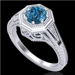 0.84 CTW Fancy Intense Blue Diamond Solitaire Art Deco Ring 18K White Gold - REF-161K8W - 37929