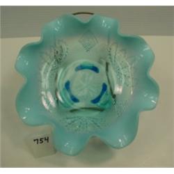 Blue Opalescent Ruffled Edge Bowl