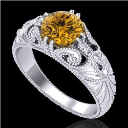 1 CTW Intense Fancy Yellow Diamond Engagement Art Deco Ring 18K White Gold - REF-204H5A - 37532