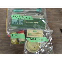 lot of RCBS kinetic bullet puller caliper bullet Lube and three boxes 30 cal bullets