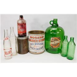 FLAT OF VINTAGE POP BOTTLES,ROGERS SYRUP TIN