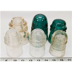 FLAT OF 6 VINTAGE COLOURED TELEGRAPH INSULATORS