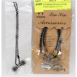 2 NEW SUPERMAN PENDANTS ON CORD STYLE CHAINS AND BARBELL NEKLACE