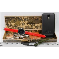 SMALL CHEST OF WATCHES, JEWELRY AND COIN, MORE