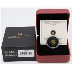 2011 CANADIAN FINE GOLD COUGAR COIN WITH COA IN