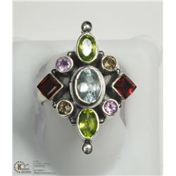 32) SILVER ASSORTED GEMSTONE RING SIZE 7