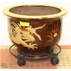 LARGE DRAGON CERAMIC PLANTER & 4 WHEEL TROLLEY