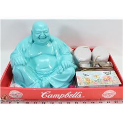 LOT WITH BLUE BUDDHA, PINK BUDDHA, MUSICAL SOAPBOX