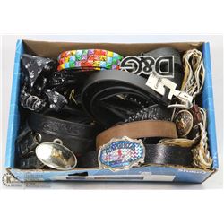 BOX W/OVER 16 BELTS, MOSTLY LEATHER -