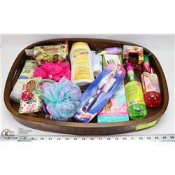 LARGE WOOD TRAY W/SIDE HANDLES FULL OF