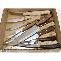 BOX FULL OF WOOD HANDLED KNIVES -