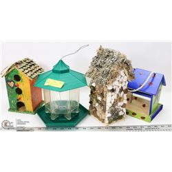LOT OF 1 BIRDHOUSE, 2 BIRD FEEDERS AND 1 STONE