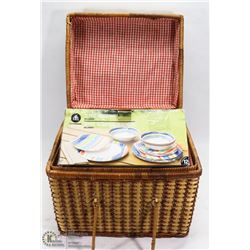 PICNIC BASKET WITH NEW 12PC DINNERWARE SET ,