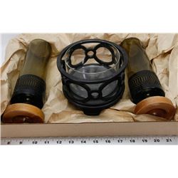 SMOKED CANDLE VASES WITH A BLACK CANDY DISH