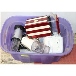 TOTE WITH 7 SMALL APPLIANCES: FOG MACHINE, TOASTER