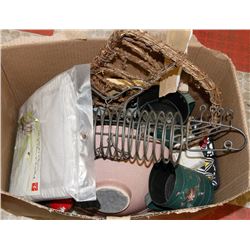 LARGE BOX OF HOUSEHOLD INCL FABRIC SHOE RACKS