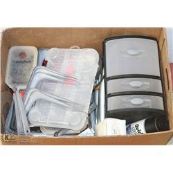 BOX OF GARAGE ORGANIZERS, SUPPLIES & MORE.