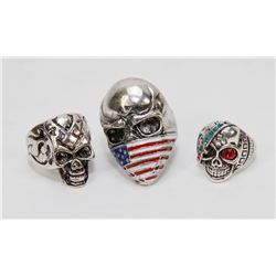 LOT OF 3 MENS SKULL BIKER RINGS