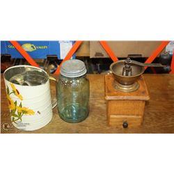 FLAT OF ANTIQUE COFFEE GRINDER,FLOUR SIFTER &