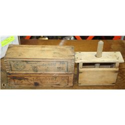 TWO ANTIQUE CHEESE BOXES & WOODEN BUTTER PRESS