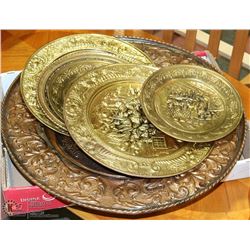 FLAT OF 5 BRASS WALL PLAQUES - 1 LG COPPER