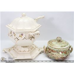 LOT OF 2 SOUP TUREEN'S, ONE WITH STAND, AND LADEL