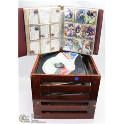 VINTAGE WOOD CRATE WITH SPORTS CARD COLLECTION