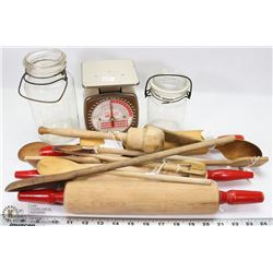 BOX WITH VINTAGE ITEMS INCL ROLLING PINS, WOOD