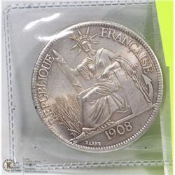 1908 INDO CHINA FRENCH REPUBLIC SILVER 27GRAM COIN