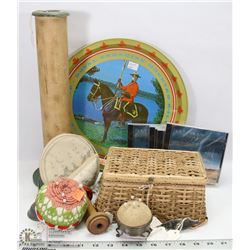 BOX W/ VINTAGE ITEMS INCL TRAY, WOVEN BOX AND MORE