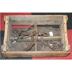 CRATE W/ ANTIQUE HORSE BITS, HORSE SHOES &