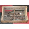 Image 1 : CRATE W/ ANTIQUE HORSE BITS, HORSE SHOES &