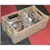 Image 1 : CRATE WITH ANTIQUE IRONS, IRON BASES, AND PLANE