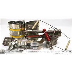 BOX WITH ANTIQUE PITCHERS & SIFTERS