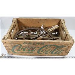 CRATE WITH ANTIQUE PULLEY, SAW, PLANE, AND MORE