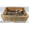 Image 1 : CRATE WITH ANTIQUE PULLEY, SAW, PLANE, AND MORE