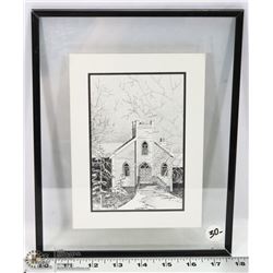 BLACK AND WHITE CHURCH FRAMED PICTURE