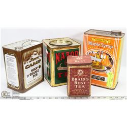 LOT OF 4 VINTAGE TINS - SYRUP & TEA
