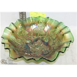 ORNATE GREEN CARNIVAL GLASS FRUIT BOWL.