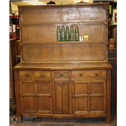 3 DRAWER, 2 DOOR WOOD ANTIQUE BUFFET WITH 3 UPPER