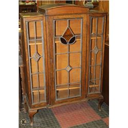 STAINED GLASS AND WOOD ANTIQUE CABINET