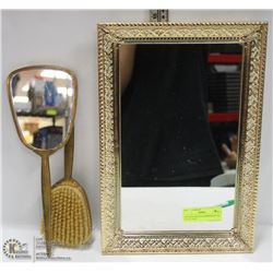 ANTIQUE BRUSH & MIRROR SET ON GLASS TRAY
