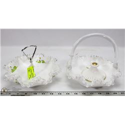 PAIR OF VINTAGE WHITE FENTON BASKET STYLE TRAYS