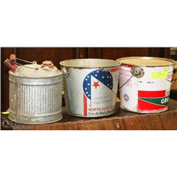 LOT OF 2 VINTAGE PAILS WITH VINTAGE GAS CAN