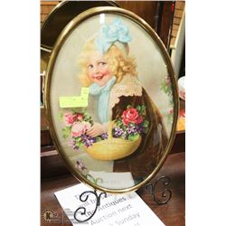 VINTAGE FRAMED CURVED GLASS PICTURE WITH STAND