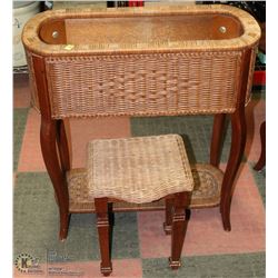 WICKER PLANTER STAND WITH SMALL WICKER STOOL