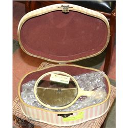 PINK & WHITE BOX WITH VINTAGE ROUND HAND MIRROR
