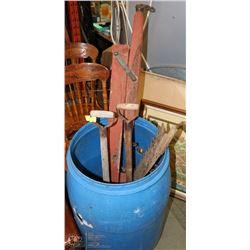 PLASTIC RAIN DRUM WITH ANTIQUE TOOLS,WOOD SAW