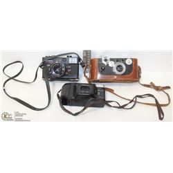 BOX W/ 3 CAMERAS – KONICA C35, ARGUS, ETC